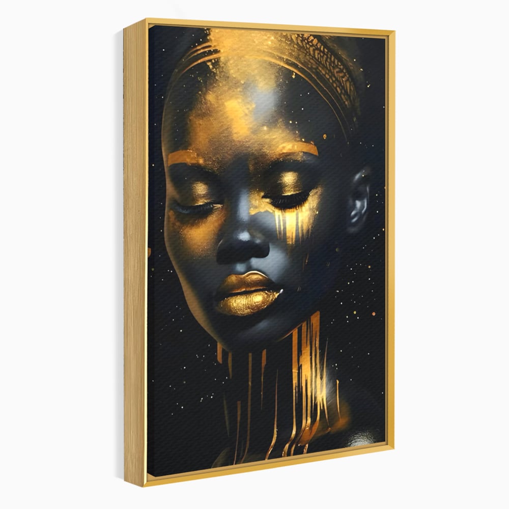 Tablou canvas cu tablou canvas cu portret de femeie, in rama de aluminiu auriu